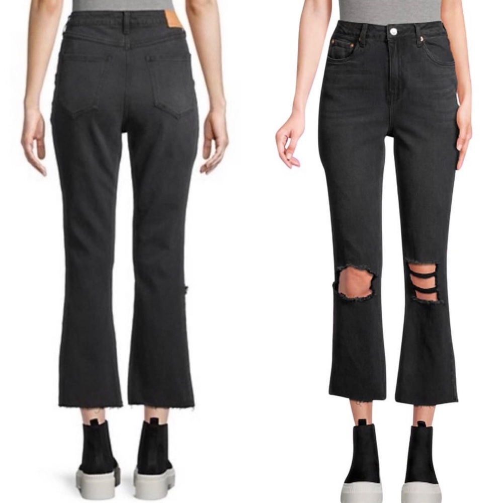 Avec Les Filles High Rise Straight Fit Black Distressed Cropped Jeans